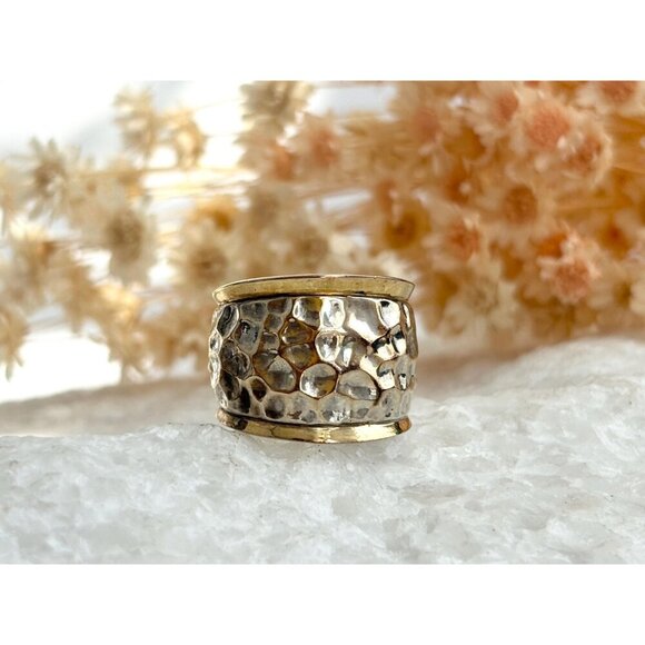 Hammered Dual Sterling Silver & Gold Toned Chunky Cigar 925 Vintage Ring sz 5.75 - Picture 10 of 10